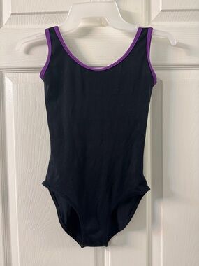 Yumiko Black Leotard with Purple Trim. Size S.